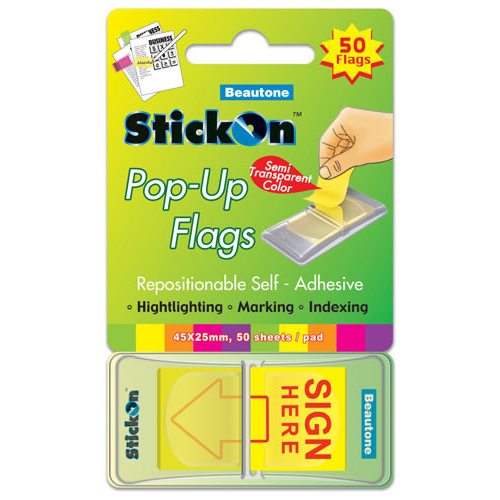 Beautone Stick On Flags Pop-up Sign Here 45x25mm Lemon - 50 Sheets