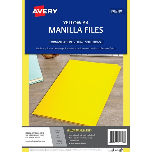 Avery A4 Manilla Folder 20 Pack Strong & Durable - Yellow