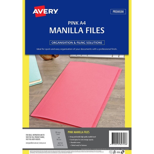 Avery A4 Manilla Folder 20 Pack Strong & Durable - Pink