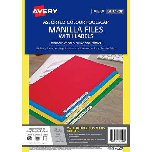 Avery Foolscap Manilla Folder 20 Pack With Labels -  Assorted Colours