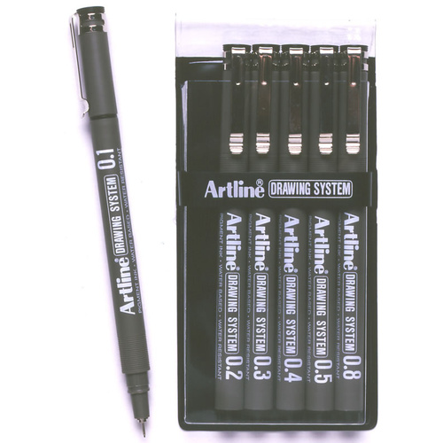 Artline 230 Black Drawing System Pens 6 Nib Sizes (1-2-3-4-5-8) Wallet 6 - 123046