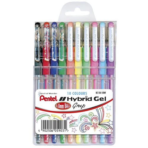 Pentel K116-10 Rollerball Hybrid Grip Gel Pen 10 Pack - Assorted Colours