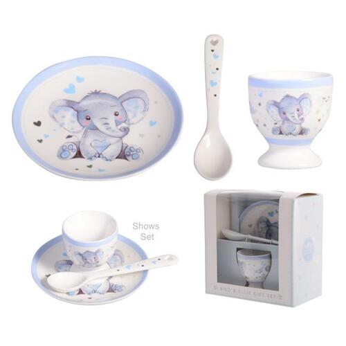 Bird & Ellie Baby Boy Elephant Ceramic Egg Cup, Spoon & Plate Newborn Gift Keepsake Set