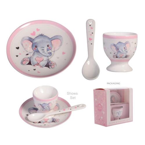 Bird & Ellie Baby Girl Elephant Ceramic Egg Cup, Spoon & Plate Newborn Gift Keepsake Set