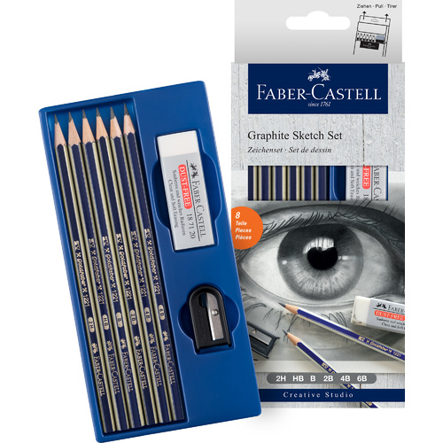 Faber-Castell Graphite Graphic Sketch Set of 6 Various Pencils Plus Sharpener & Eraser
