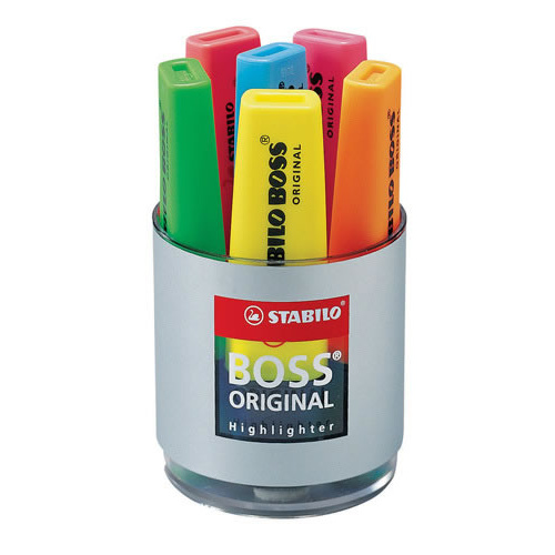 Stabilo Boss Highlighters Chisel Tip In Cup for Desk Office Assorted Colours - 6 Pack