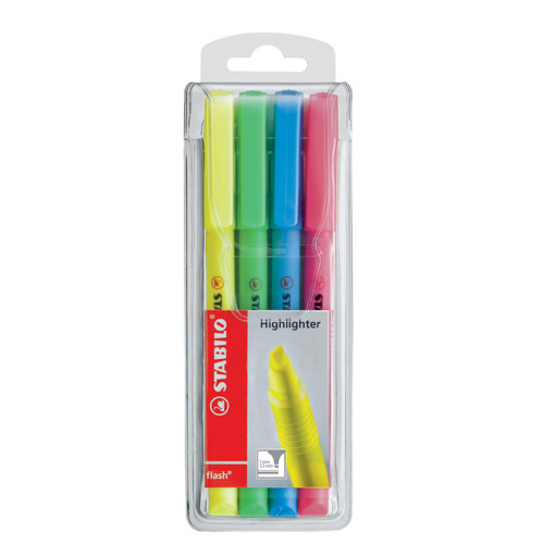Stabilo Highlighter Flash Fibre Chisel 1mm 3mm Tips Assorted Colours 0173679 - 4 Pack