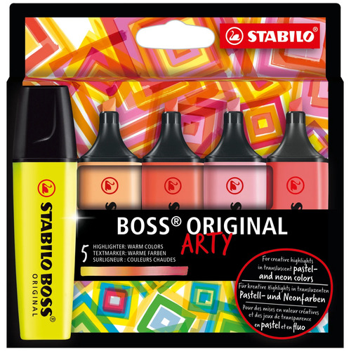 STABILO Boss Original Arty Highlighter Chisel 2mm 5mm Tips - 5 Assorted Warm Colours 