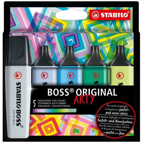 STABILO Boss Original Arty Highlighter Chisel 2mm 5mm Tips - 5 Assorted Colours