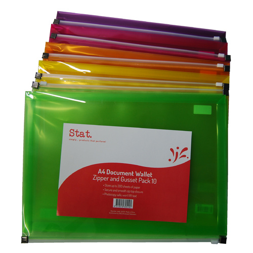 Stat A4 Document Wallet With Slide Zip Closure 10 Pack - Assorted Colours