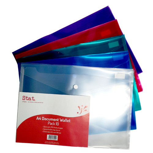 Stat A4 Document Wallet With Snap Closure 10 Pack - Assorted Colours 