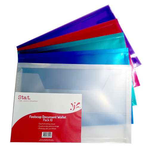 Stat Foolscap Document Wallet With Gusset 10 Pack - Assorted Colours