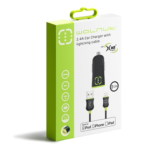 2.4A Car Charger With 1.2m Lightning Cable - Black/Green