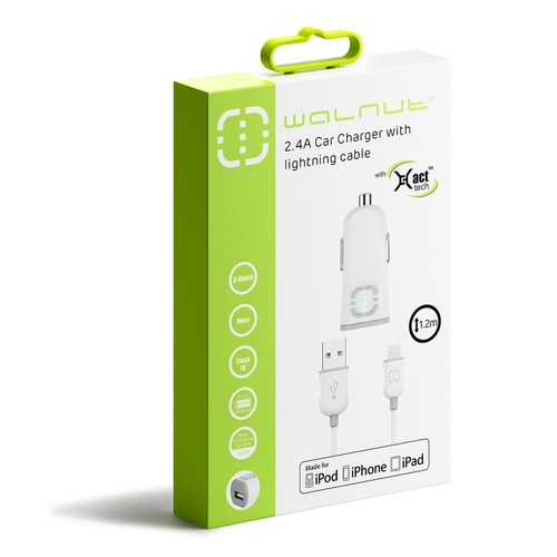 2.4A Car Charger With 1.2m Lightning Cable - White/Grey