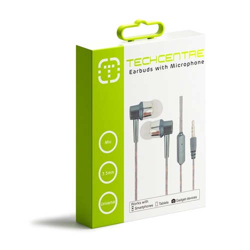 Techcentre Stereo Earpbuds With Mic Universal For Smartphones Tablets - Grey