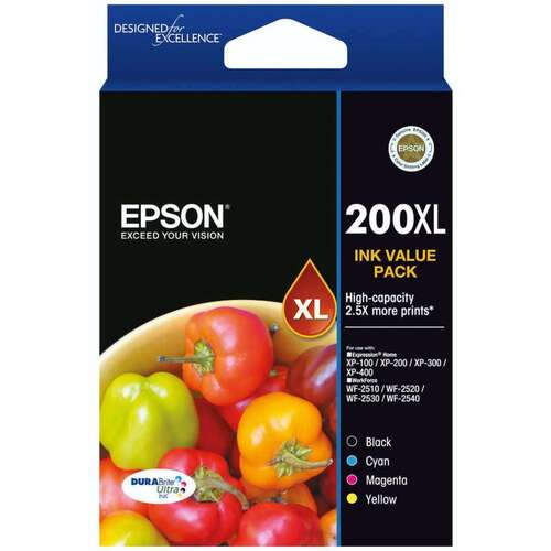 Epson Genuine 200XL Ink Cartridge High Yield Value Pack 4 Colours - Black, Cyan, Magenta, Yellow