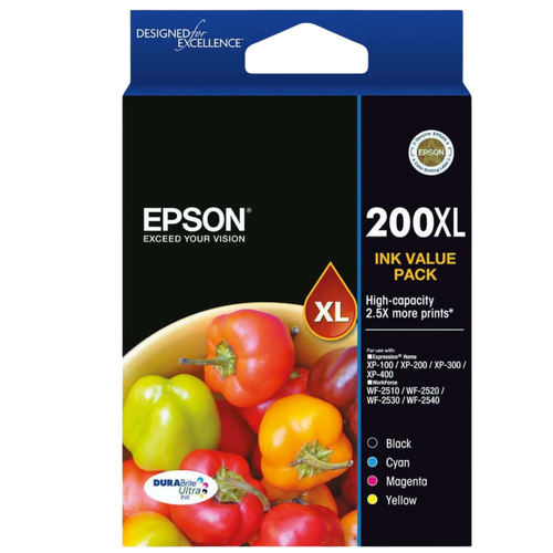 Epson Genuine 200XL Ink Cartridge High Yield Value Pack 4 Colours - Black, Cyan, Magenta, Yellow