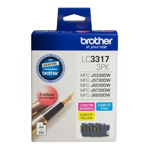 Brother Genuine LC 3317 3 Colour Ink Cartridge Value Pack Mag, Cyan, Yell