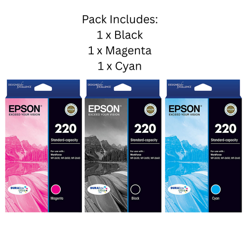 **CLEARANCE** Epson Genuine 220 Pack Ink Cartridges - Black, Cyan, Magenta EXPIRED STOCK