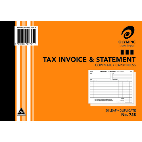 1 x Olympic 728 Tax Invoice & Statement Book 210 X 148mm Carbonless Duplicate 50 Leaf