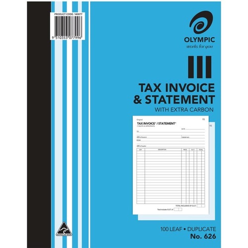 1 x Olympic 626 Tax Invoice & Statement Book 10 X 8 Carbon Duplicate 100 Leaf