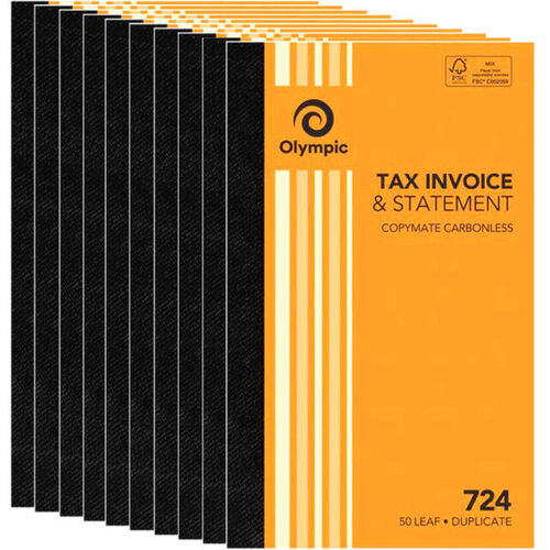 10 x Olympic No.724 Tax Invoice And Statement Book 200 X 125mm Duplicate 50 Leaf