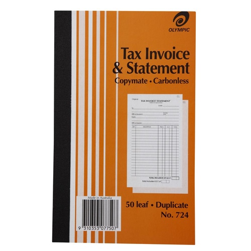1 x Olympic No.724 Tax Invoice And Statement Book 200 X 125mm Duplicate 50 Leaf