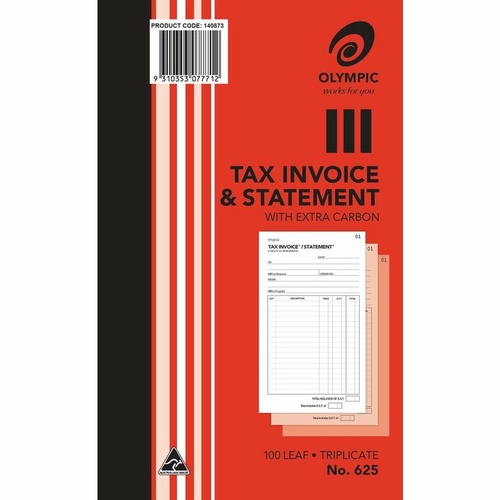 10 x Olympic 625 Tax Invoice & Statement Book Carbon Triplicate 100 Leaf 