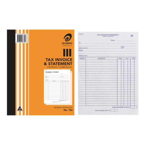 1 x Olympic 726 Tax Invoice & Statement Book 10 X 8" Duplicate Carbonless 50 Leaf