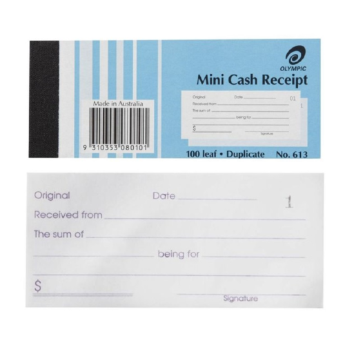 1 x Olympic 613 Mini Cash Receipt Book 505 X 125mm Duplicate 100 Leaf 