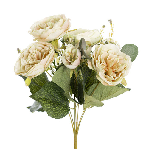 English Rose 7 Head Bouquet Artificial Flowers 38cm - Cream 