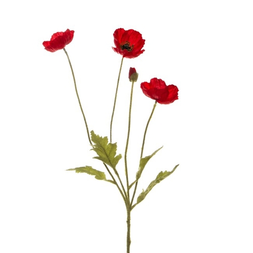 Poppy Spray 3x flowers 1x bud Artificial Flowers 60cm.ST 6-7cm.BUD - Red 