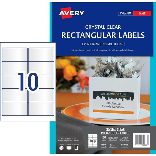 Avery L7137 Label Events & Branding Rectangle Clear 100 Per Pack - 980033