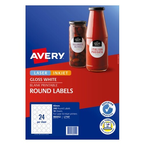 Avery L7147 GLOSSY WHITE Round Labels Laser Inkjet 240 Labels - 980052