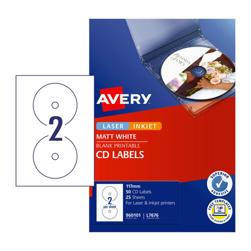 Avery L7676 Labels Laser CD/DVD Pintable Labels 25 Sheet/ 50 Pack - 960101