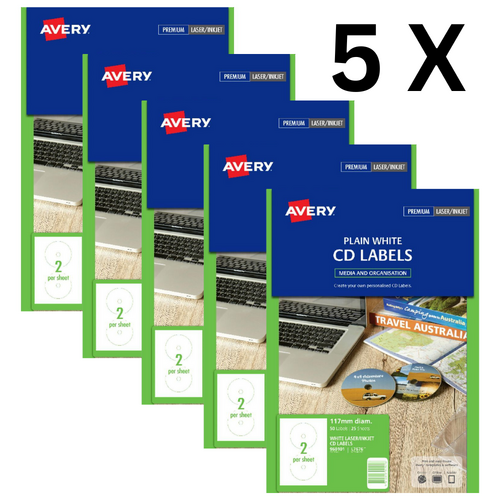 5 X Avery L7676 Labels Laser CD/DVD Pintable Labels 25 Sheet / 50 Pack - 960101