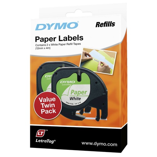 2 Pack Dymo Genuine Letratag Paper Label Tape 12mmx4m White