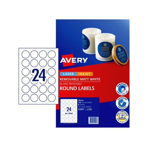 Avery L7129 MATT WHITE Round Labels Laser Inkjet 192 Labels - 910007