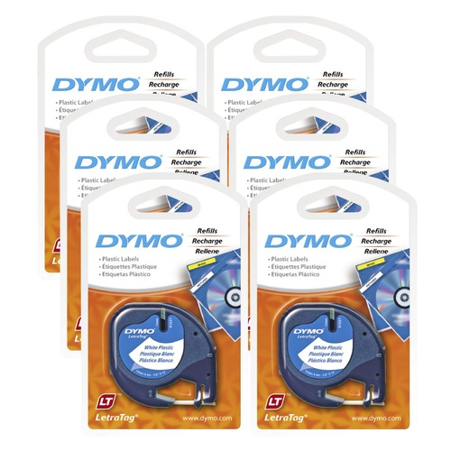 Dymo Genuine Letratag Plastic Label Tape 12mmx4m 6 PACK - White