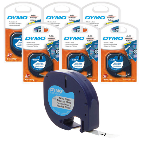 Dymo Genuine Letratag Plastic Label Tape 12mmx4m 6 PACK 91331 - White