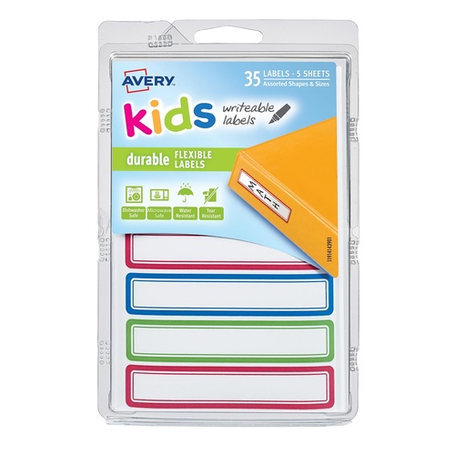 Avery 41440 Labels Writable, Durable & Flexible Kids Id Blue/Green/Red 35 Per Pack