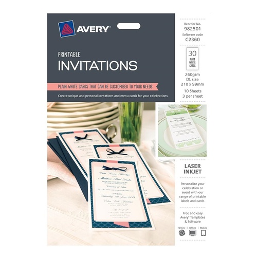 Avery White Printable Invitations 210 x 99 mm, Laser, Inkjet, Double Sided - 982501