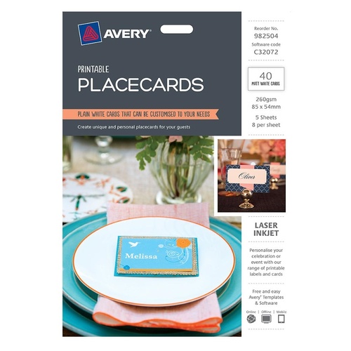 Avery C32072 85 x 54mm Printable Placecards White 40 Pack - 982504