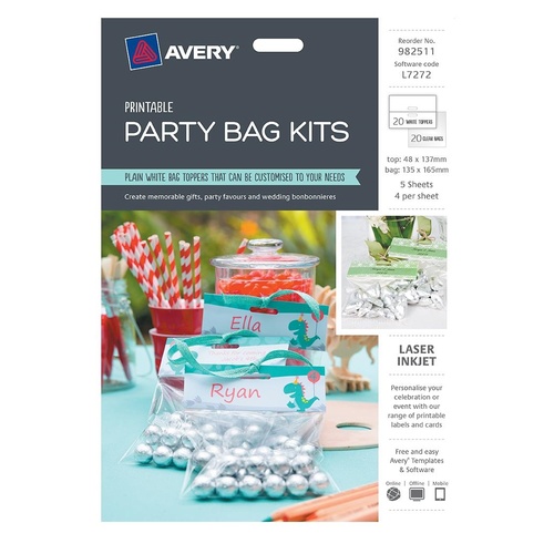 Avery L7272 Party Bags Laser Printable Top White 20 Pack - 982511