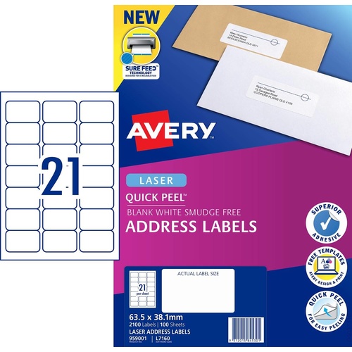 Avery L7160 Laser Address Labels White 21 Per Page 100 Pack - 959001