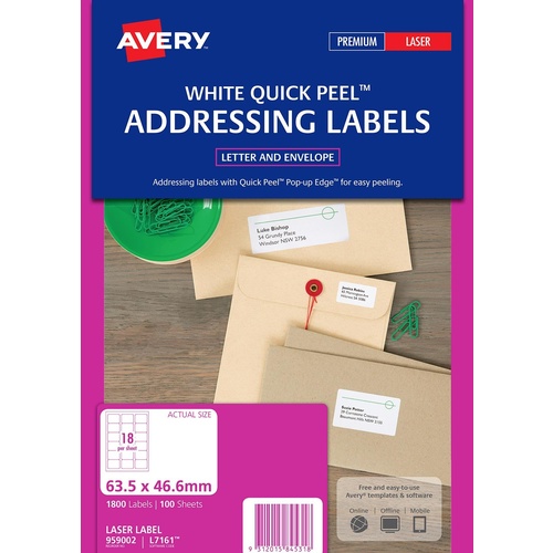 Avery L7161 Laser Address Labels White 18 Per Page 100 Pack - 959002