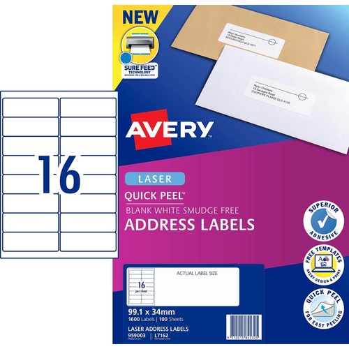 Avery L7162 Laser Address Labels White 16 Per Page 100 Pack - 959003