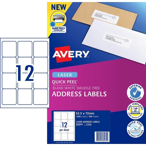 Avery L7164 Laser Address Labels Quick Peel White 12 Per Page 100 Pack - 959005