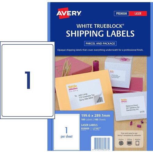 Avery L7167 Laser Address Labels White 1 Per Page 100 Pack - 959009