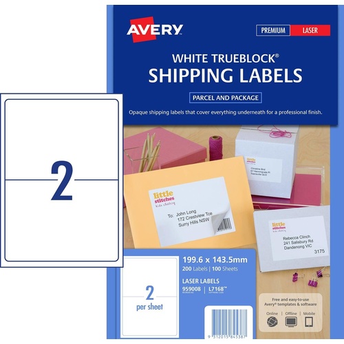 Avery L7168 Laser Address Labels White 2 Per Page 100 Pack - 959008